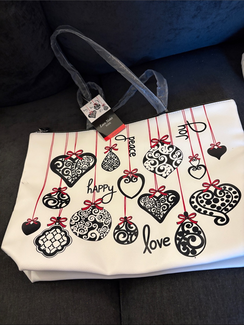 Brighton White Tote with Black Ornament Hearts and Red Ribbon Details